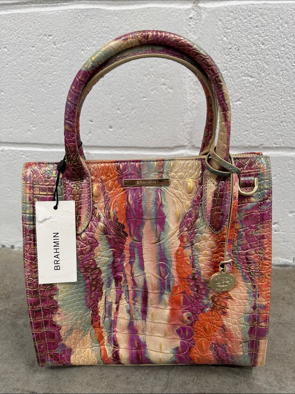 Brahmin Small Caroline Destiny Croc-Embossed Satchel - Purple, Orange, tan & tur